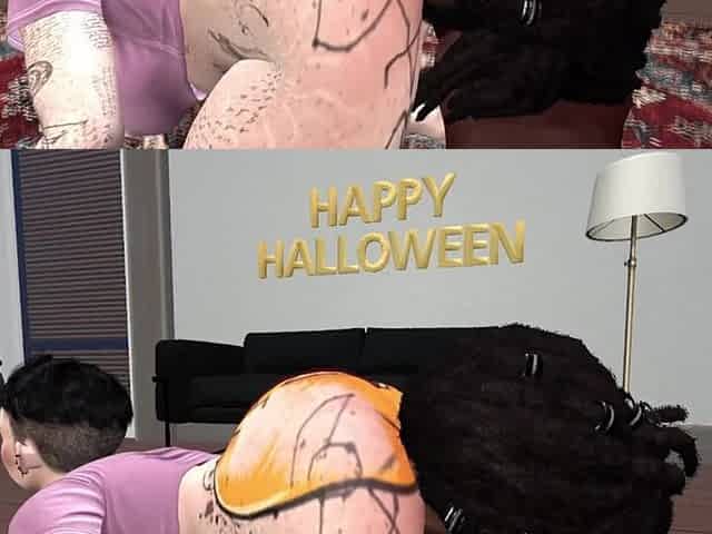 Second Life Ebony guy bangs white woman at a halloween abode party halloween specific