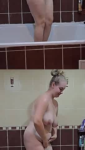 Blonde BBW Wife Enjoys a Hot Shower in the Bathroom