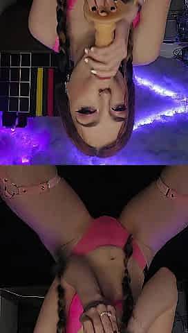 Concupiscent redhead rides a sex toy and screws herself in bright pink underware on the floor????