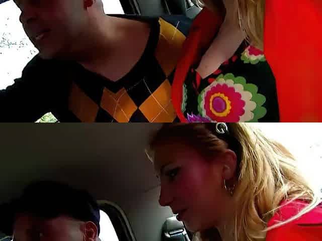 A blond engages in blowjob in a vehicle and thereafter has butt plug outside.