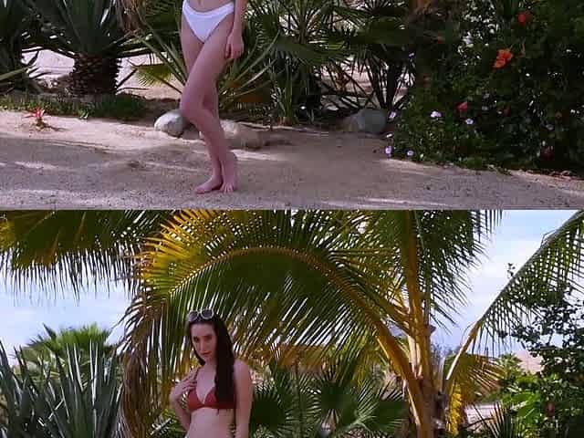 Busty petite MILF strips naked outdoors