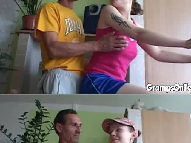 Tiny teen rammed full of old guy jock