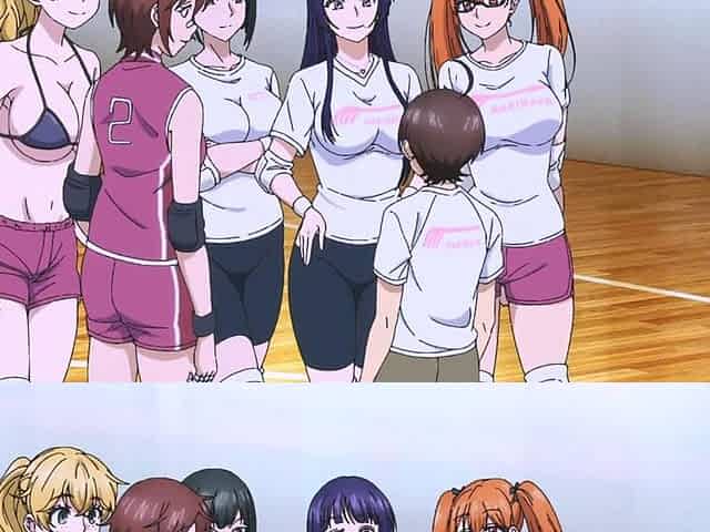 Tiny guy overwhelmed by tall athletic anime giantess babes