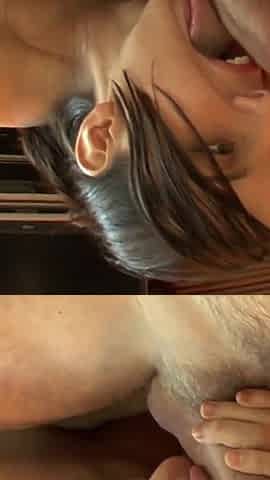 Brunette babe gets facial from older guy