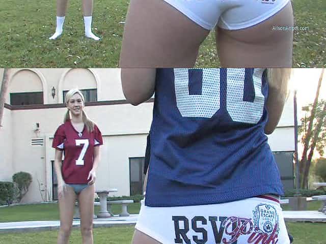 Two sexy girls strip and get naughty while playing football