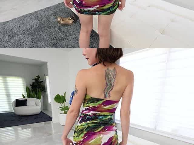 Brunette woman in thong and tattoo shows her juicy ass during casting