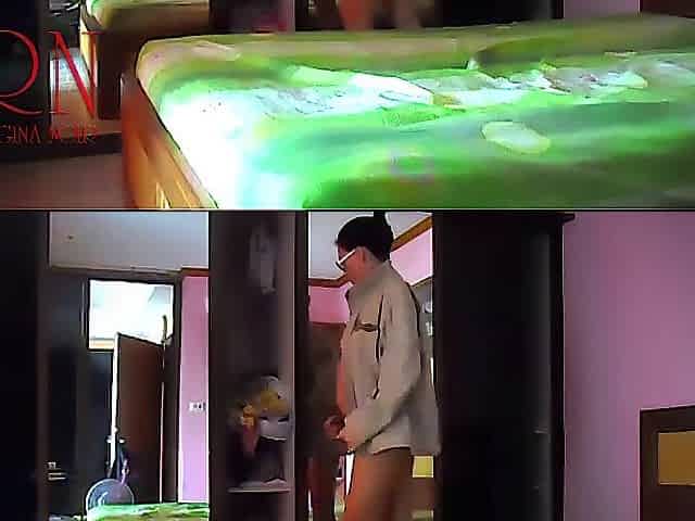 Cute skinny lady with glasses tries on haul her boyfriends outfit and underclothes. Exposed elegant lady in