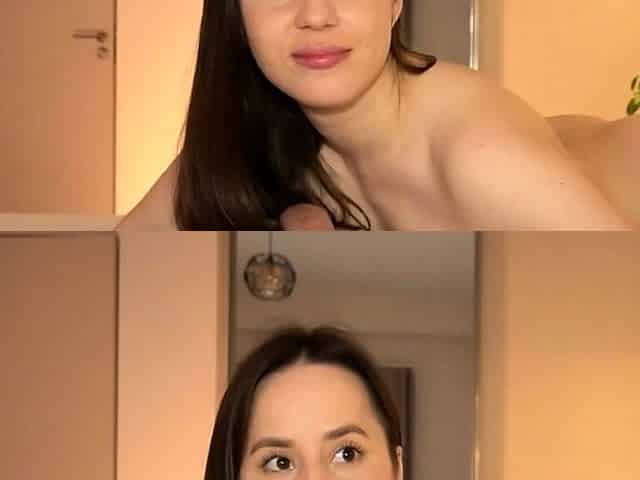 Horny Brunette Slurps His Cock in Bed