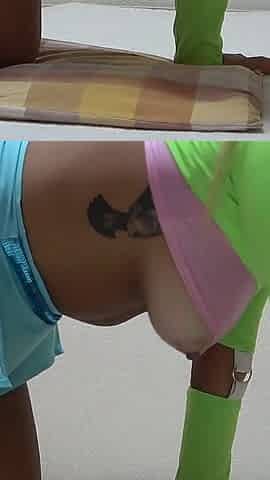 Tanned Busty Surfer Girl in Short Tank Top, Micro Mini Skirt, Wedgie Thong Panties, Knee-high Socks, Seduce Sexy Exercise