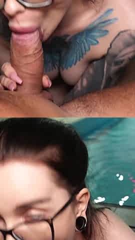 3 Sluts Suck Big Cock by the Pool and Get Facialized!