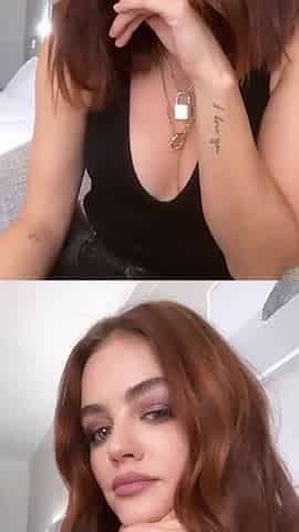 Lucy Hale cleavage and red hair, selfie
