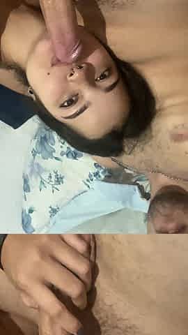Naughty Blowjob Swallows Cock Grabbing Balls Laughing