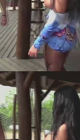 Busty babe gets banged outdoors by a couple of horny guys