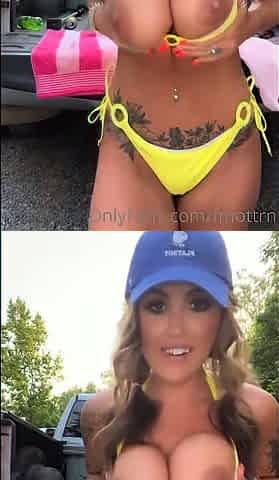 Blonde with big boobs drills guys ass by pool outdoors