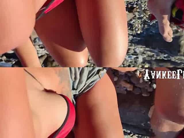 Huge Cumshot! Busty Teen Jerks Off Best Friend on a Public Beach