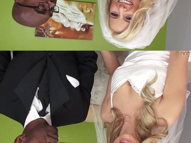 Smooth blonde in a wedding dress receives black dick straight into ass
