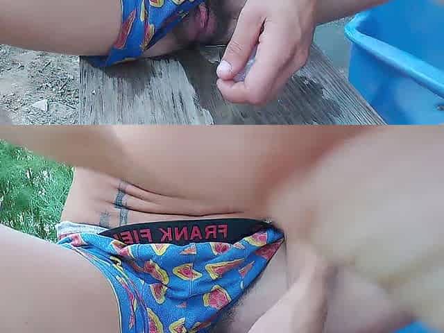Quick outdoor masturbation with ice cube vibrator. Loud groaning. Sexy summer refreshing porn.
