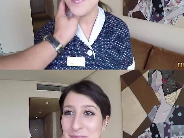 Brunette Latina maid Pamela Silva seduced to suck and ride a cock