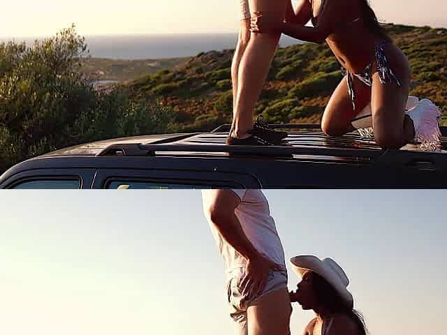 Sofi Vega bangs outdoors on the top of a car on fourth of July