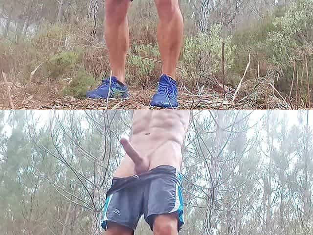 Fleshly masturbation in public forest below rain