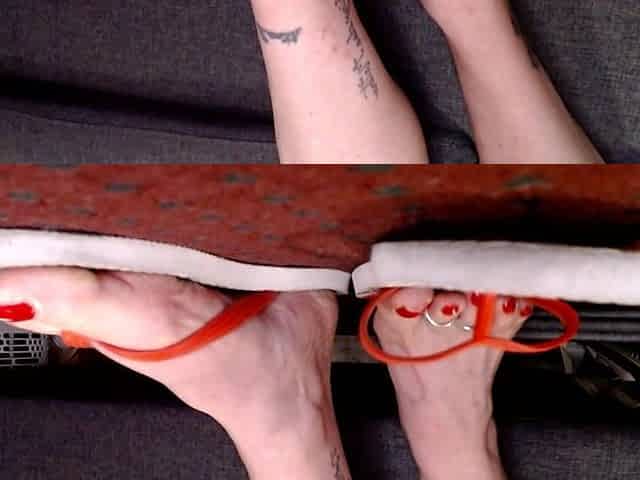 Red Toenails in Red White Flip Flops Thongs