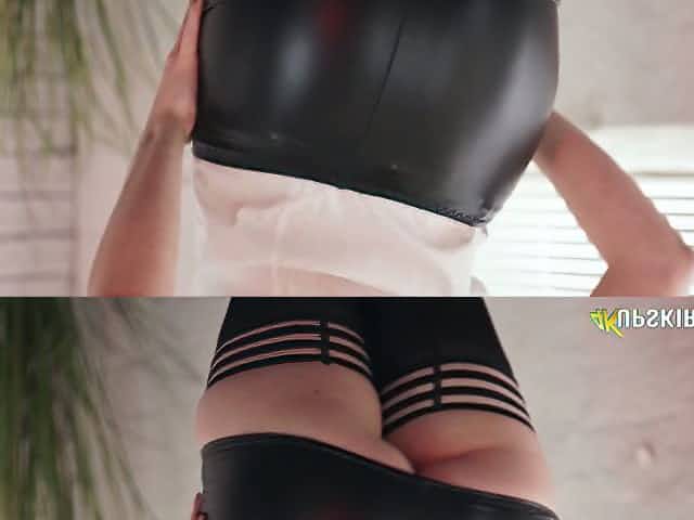 Leggy seductress in stockings Brook Logan shows off her pinkish pussy closeup