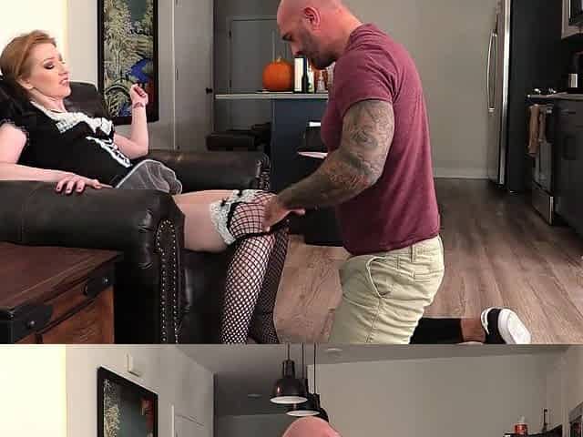 Hot redhead maid caught masturbating and screwed
