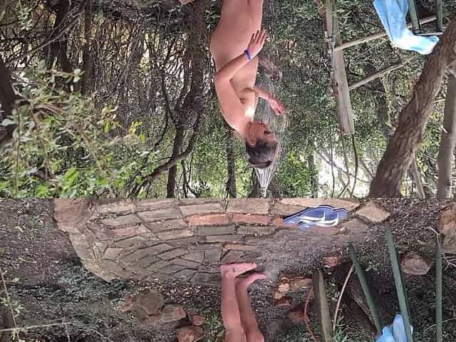 Chubby Slut Soaping up Her Body Underneath a Outdoor Shower