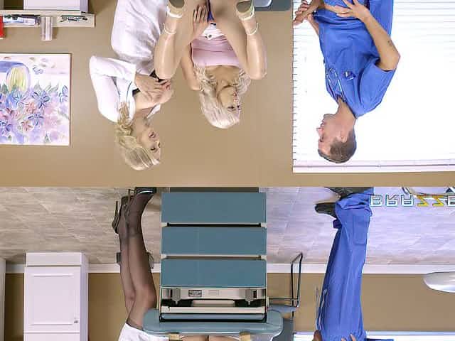 Horny doctor and his nurse giving the patient a threesome treatment