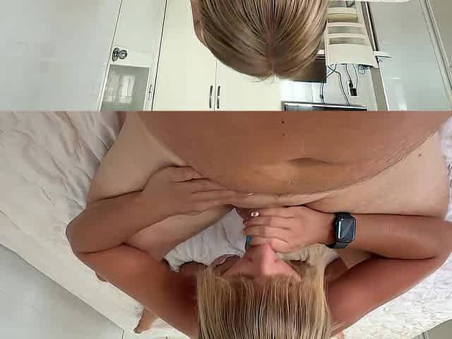 Slender blond sucks balls and swallows a thick rod