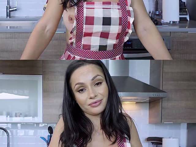 Horny busty MILF stepmom cooks a stepsons huge cock
