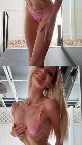 Skinny Blonde Pink Satin Lace Lingerie Striptease Dance to Nude