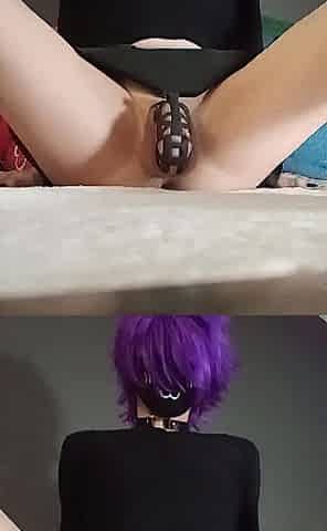 Femboy in a cage rides a sex tool