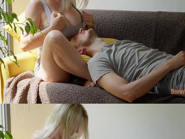 Giving a kiss, boob licking, hand job, vehement sex and simultaneous climax