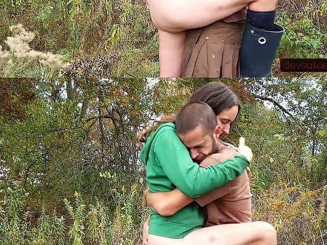 Hoodie Weather: Outdoor Squirting Whilst Hirsute Cunt Rubbed From Behind by Stud in Kilt