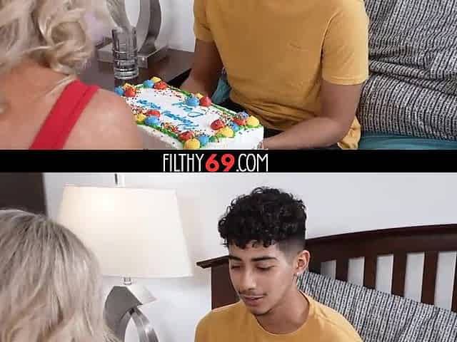 Blond stepmother working on stepson's hard weenie in the kitchen - Madison Brite
