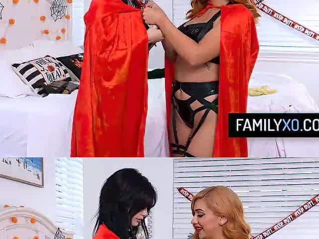 Virgin teen gets in foursome with her stepfamily for Halloween
