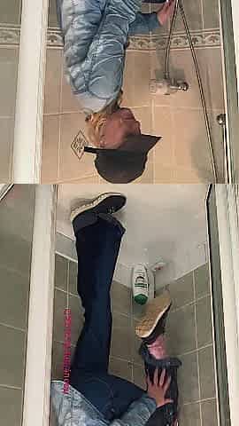 Soaking Moist Shower in Jeans, Cap & Trainers