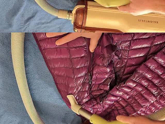 Vacuuming Girlfriend's Pink Ghost Whisperer Down Jacket with vintage Electrolux