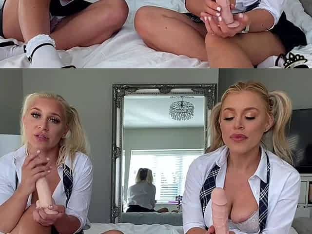 Phoebe angelic blonde teen toying pussy with a big dildo