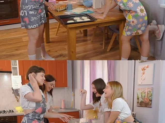Lesbian beauties margo and eva are having fun in the kitchen.