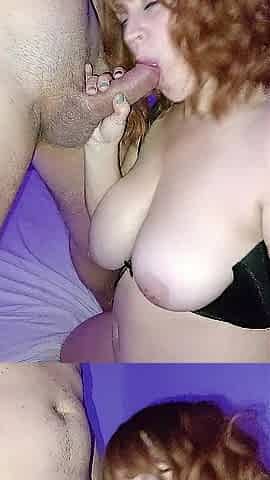 Fellatio and jizz flow in redhead throat with large bazookas