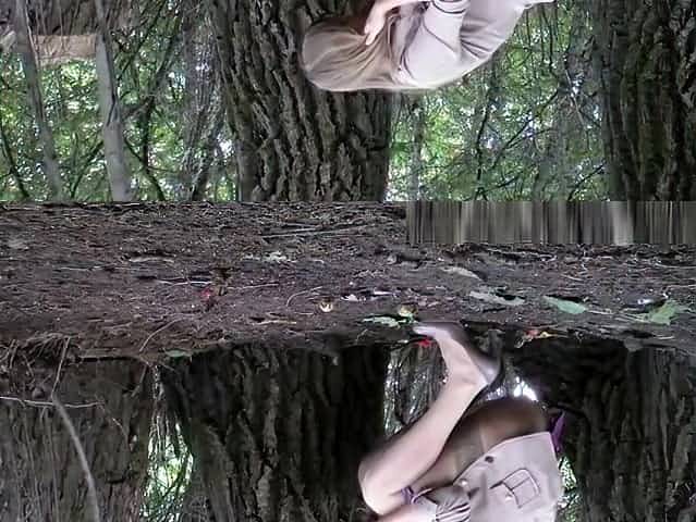 Girl lifts her purple skirt and pees