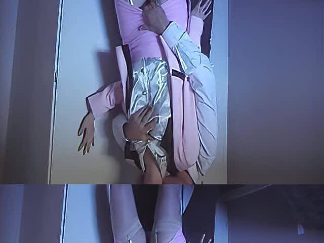 Skirt suit, satin blouse, panties, clothed cum on blouse