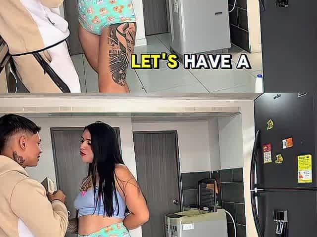 Tattooed beauty seduces pizza delivery dude (English subtitles, full clip)