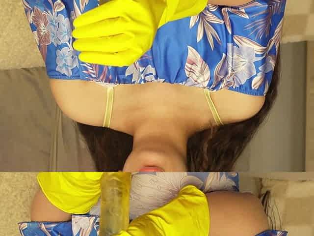 Giantess Stepsister Puts Tiny Stepbrother in Her Yellow Dishwashing Glove Then Plays with Him Has Fun with Him