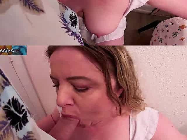 Stepmom in a white suit screwed against the wall