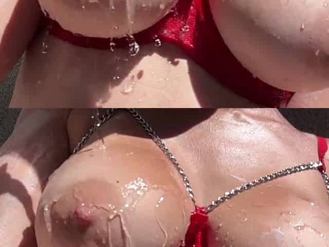 European Stepmom Artemisia Love Showing her soaked breasts outdoor and playing with 'em for u
