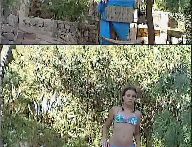 Brunette hair teen with tiny melons showing her body outdoors