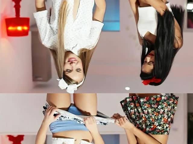 Two hot mini skirt teen models undressing each other